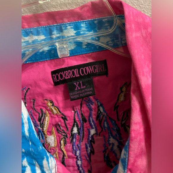 Rock & Roll Cowgirl Western Shirt XL Pink Pearl Snap Embroidered Feathers Bling - Picture 3 of 5